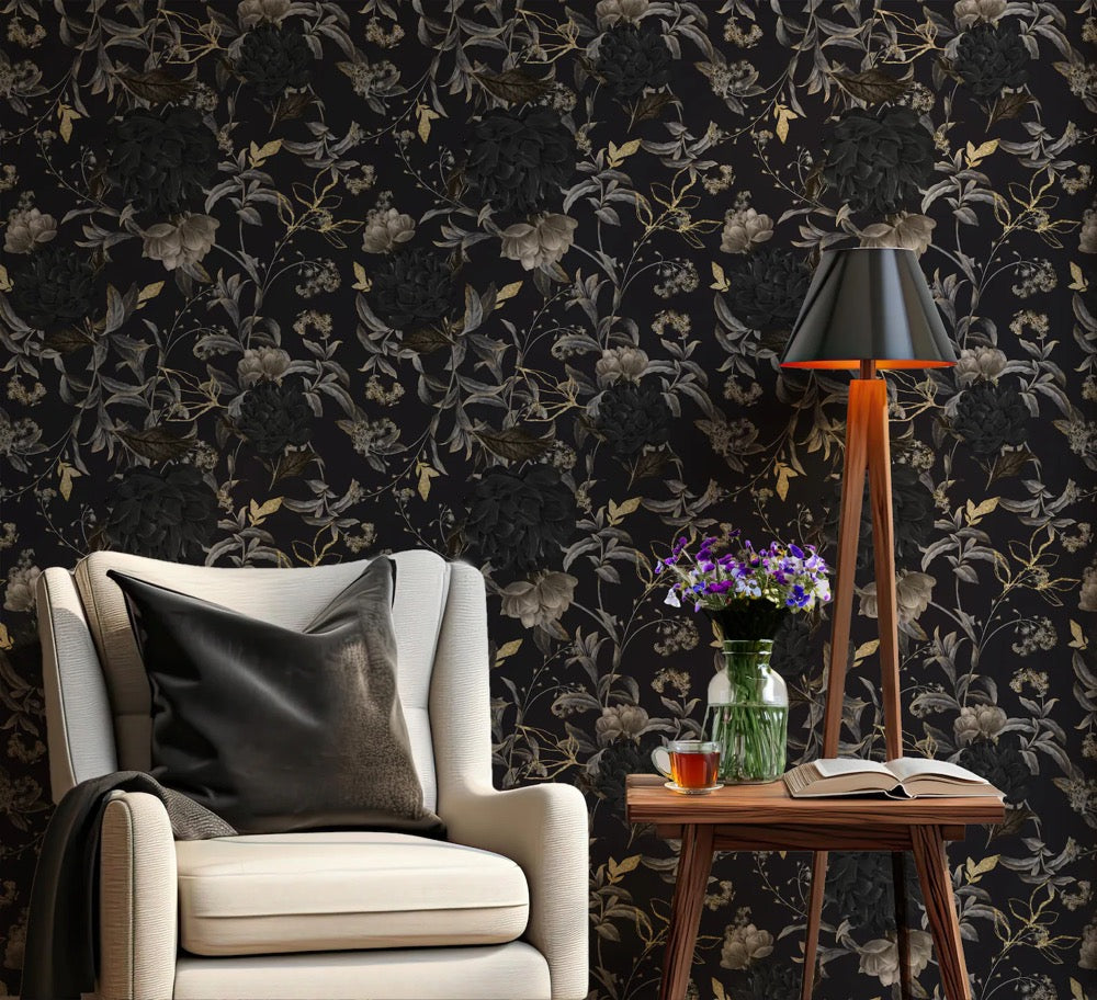 Gothic Wallpaper - Black and Gold Self Adhesive Wallpaper - Dark Moody Floral Peel and Stick Wallpaper