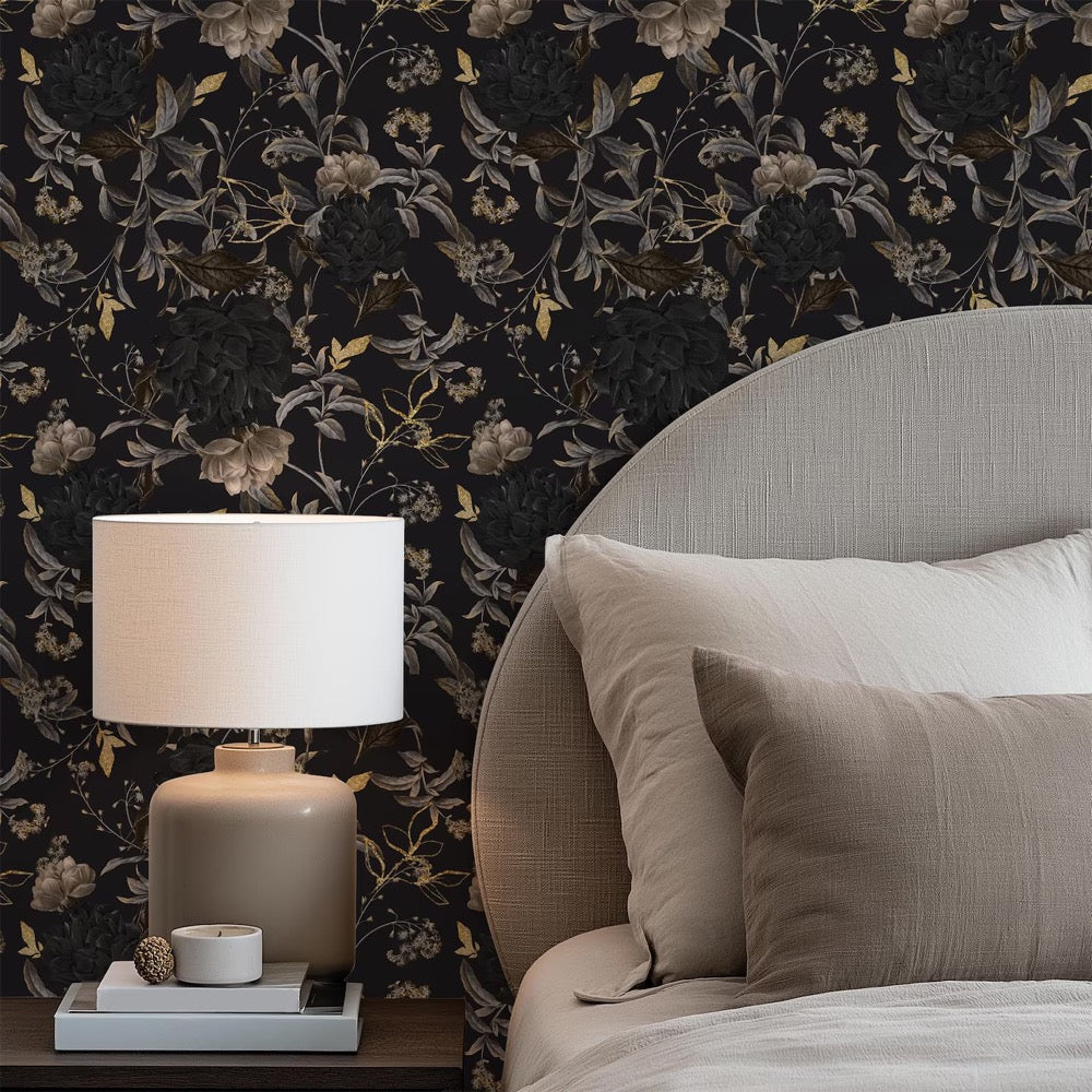Gothic Wallpaper - Black and Gold Self Adhesive Wallpaper - Dark Moody Floral Peel and Stick Wallpaper