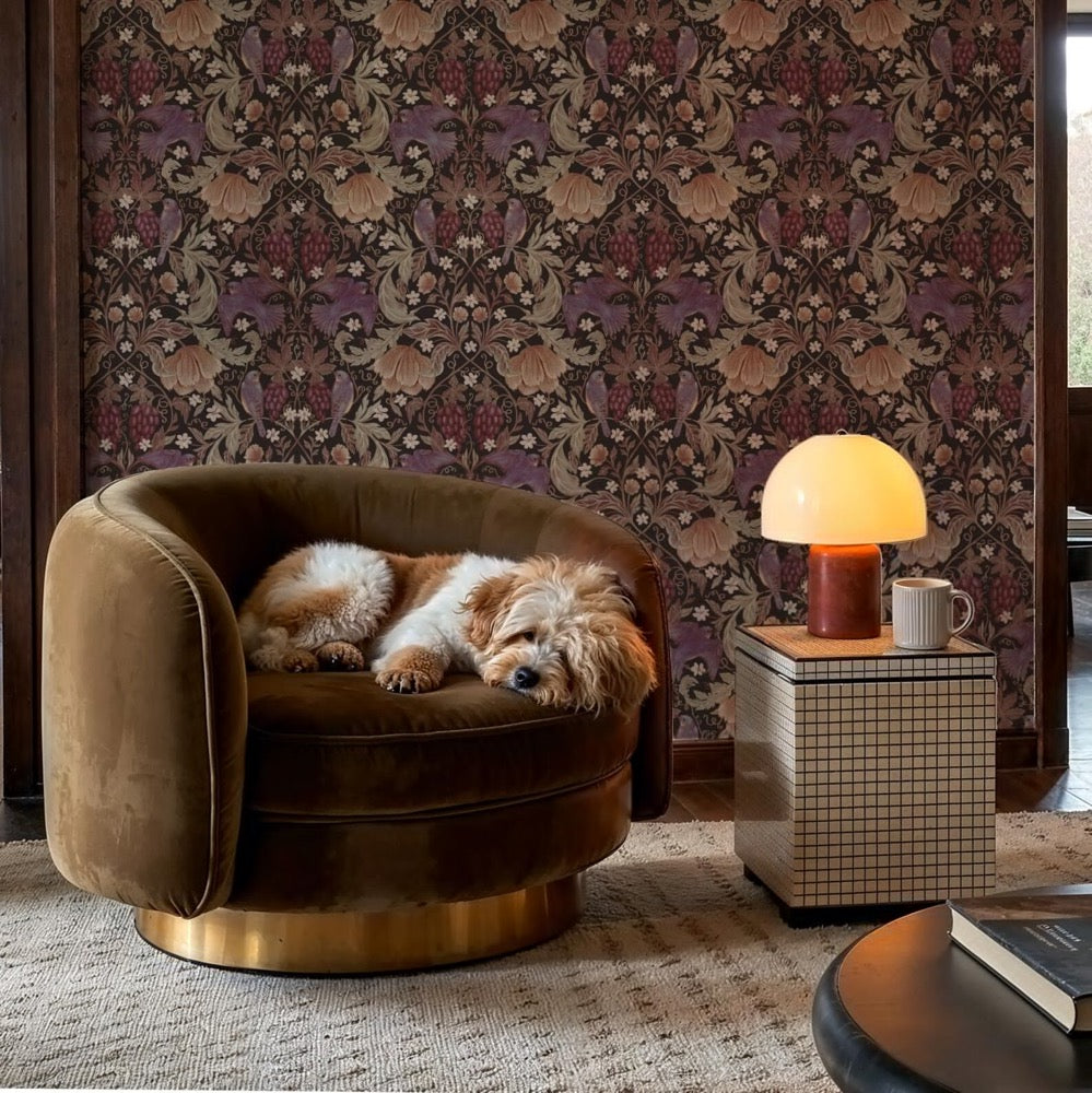 William Morris Peel and Stick Wallpaper: Plum Moody Botanical Inspired by English Cottage and Farmhouse