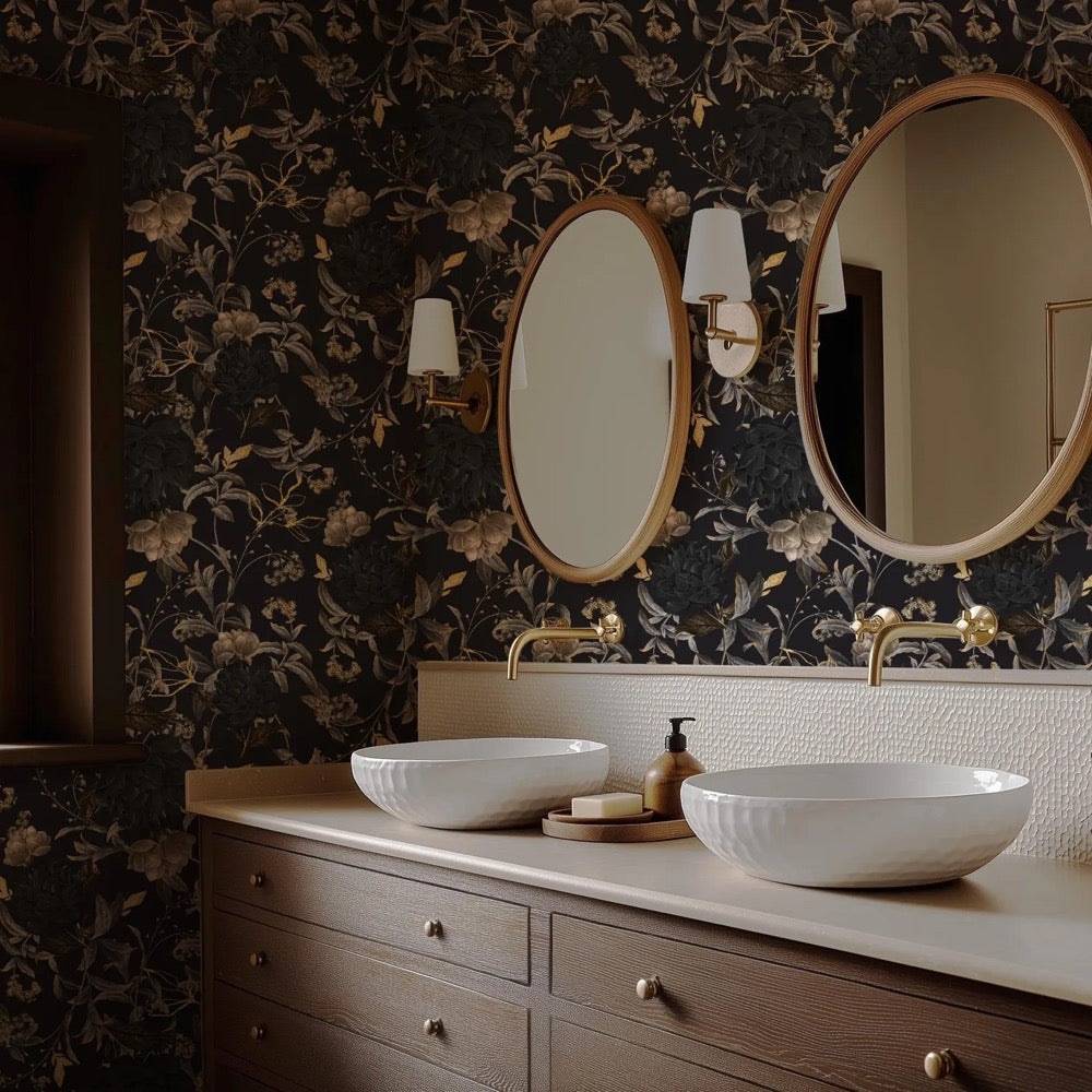 Gothic Wallpaper - Black and Gold Self Adhesive Wallpaper - Dark Moody Floral Peel and Stick Wallpaper
