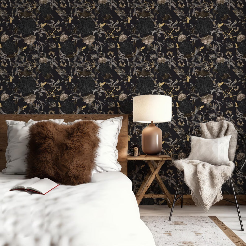 Gothic Wallpaper - Black and Gold Self Adhesive Wallpaper - Dark Moody Floral Peel and Stick Wallpaper