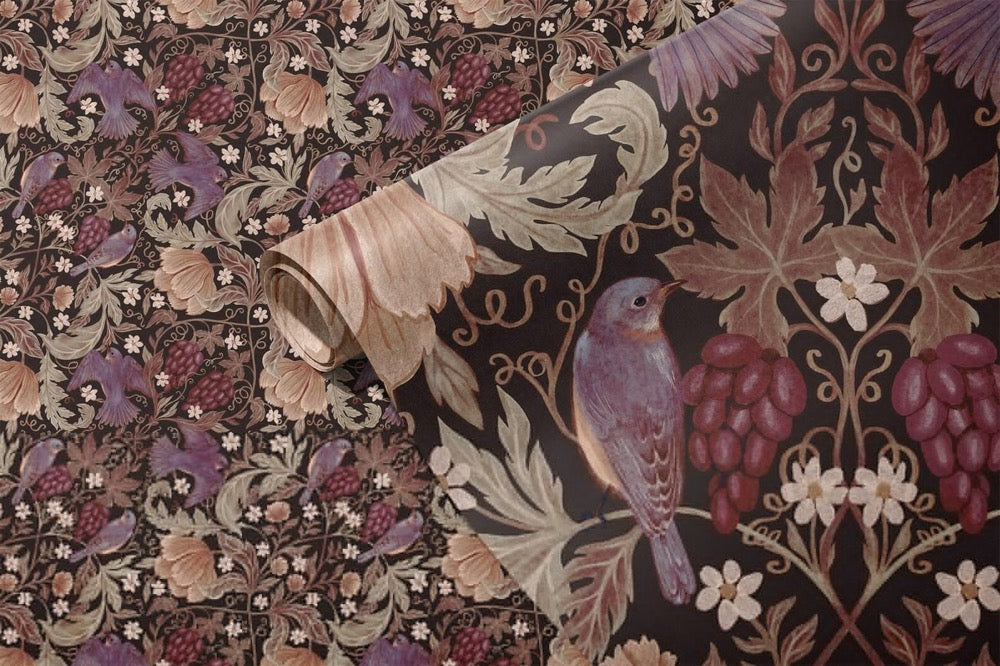 William Morris Peel and Stick Wallpaper: Plum Moody Botanical Inspired by English Cottage and Farmhouse